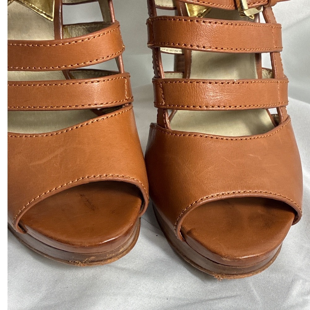 Michael Kors Tan Leather Strappy Gladiator Platform Heels Brown Gold Buckle 9.5M - Picture 5 of 10